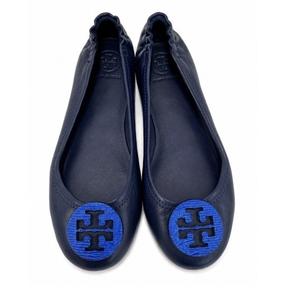 Tory Burch Minnie Travel Ballet Flats Women 6M Navy Blue Excellent Logo Foldable